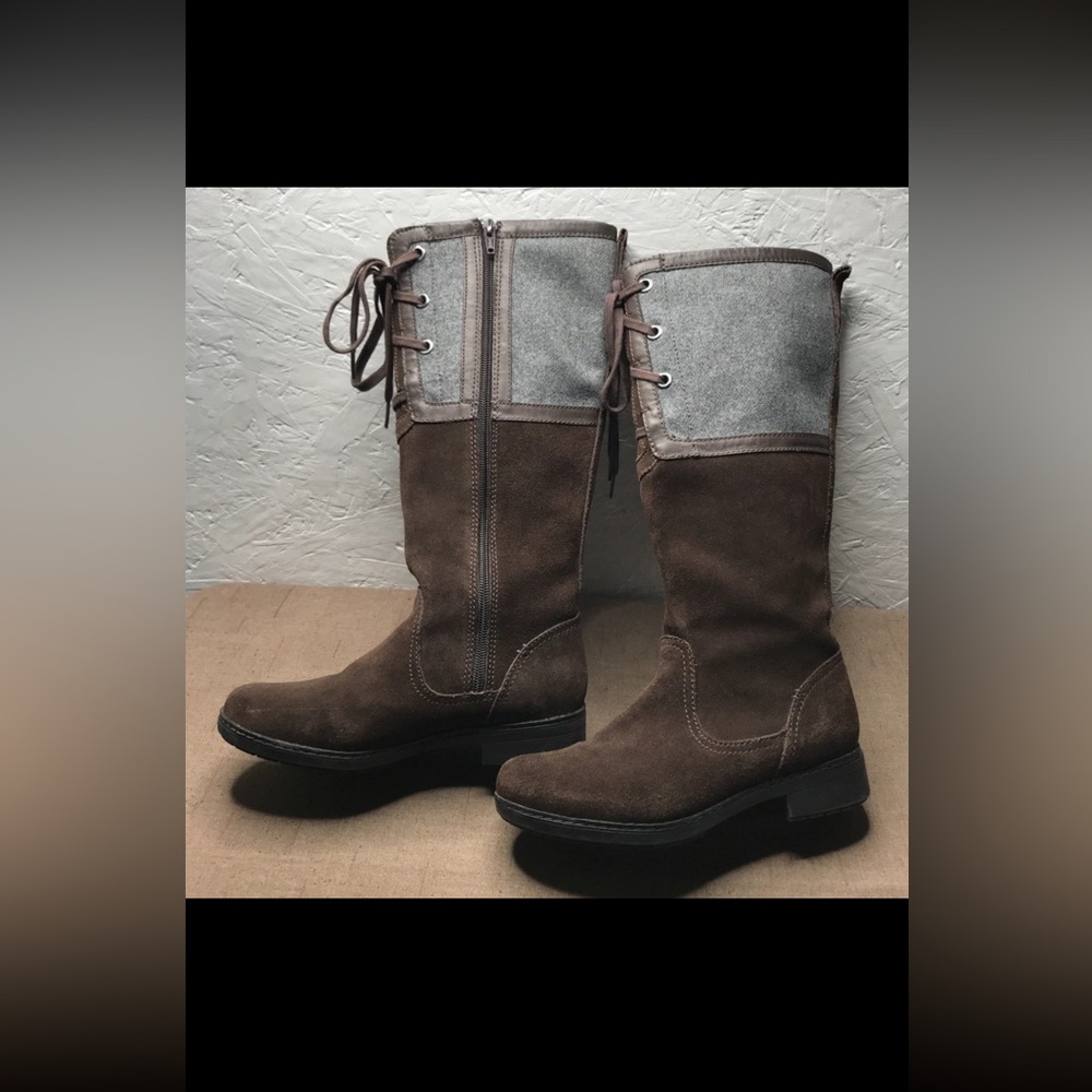 Clarks Merrian Anya Women's Riding Boots Brown Suede Gray Wool Side Zip Size 6
